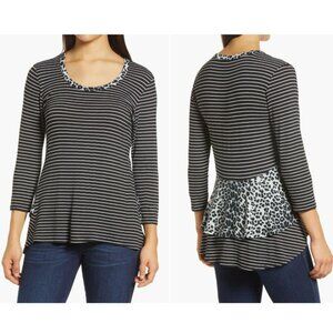 Loveappella Leopard Stripe Peplum Top Black / Gray M